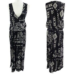 Lucky Brand Black Geometric Low V-Neck Sleeveless Maxi Dress Boho Tribal NO BELT